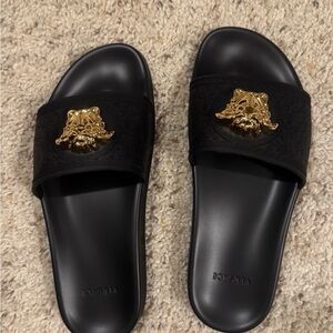 Versace Black Sandals with Gold Medusa Accent